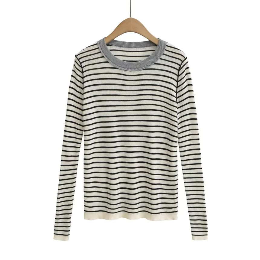 Slim-Fit Striped Knit Top with Long Sleeves
