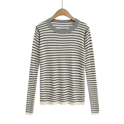 Slim-Fit Striped Knit Top with Long Sleeves