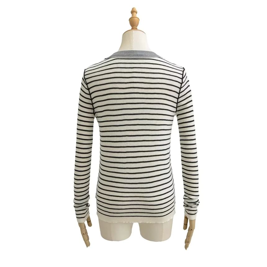 Slim-Fit Striped Knit Top with Long Sleeves