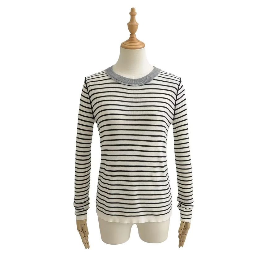Slim-Fit Striped Knit Top with Long Sleeves