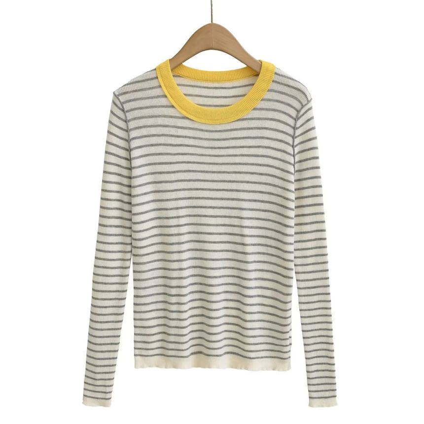 Slim-Fit Striped Knit Top with Long Sleeves