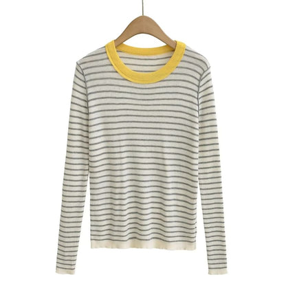 Slim-Fit Striped Knit Top with Long Sleeves