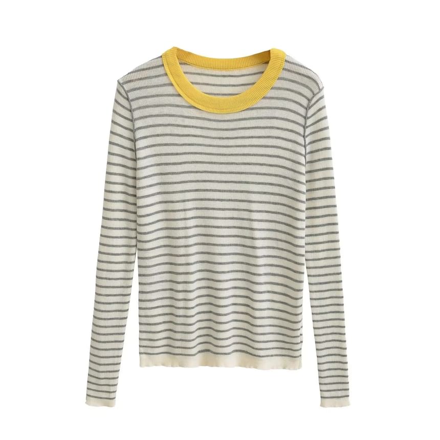 Slim-Fit Striped Knit Top with Long Sleeves