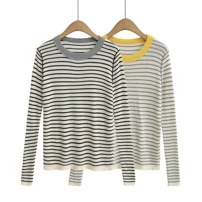 Slim-Fit Striped Knit Top with Long Sleeves