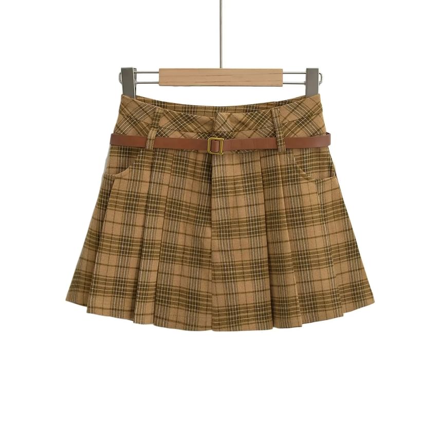 Plaid Mini Pleated Skirt with High Waist