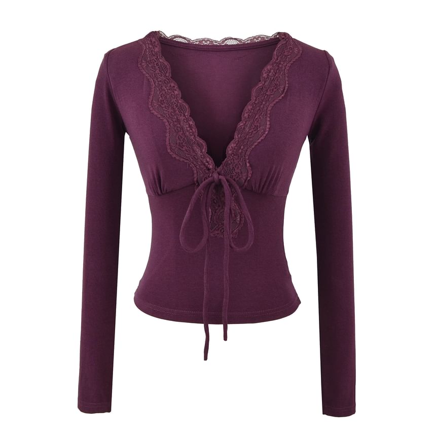 Slim-Fit Cropped Tee with Lace Trim, Tie Front and V-Neckline