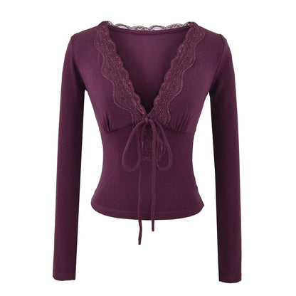 Slim-Fit Cropped Tee with Lace Trim, Tie Front and V-Neckline