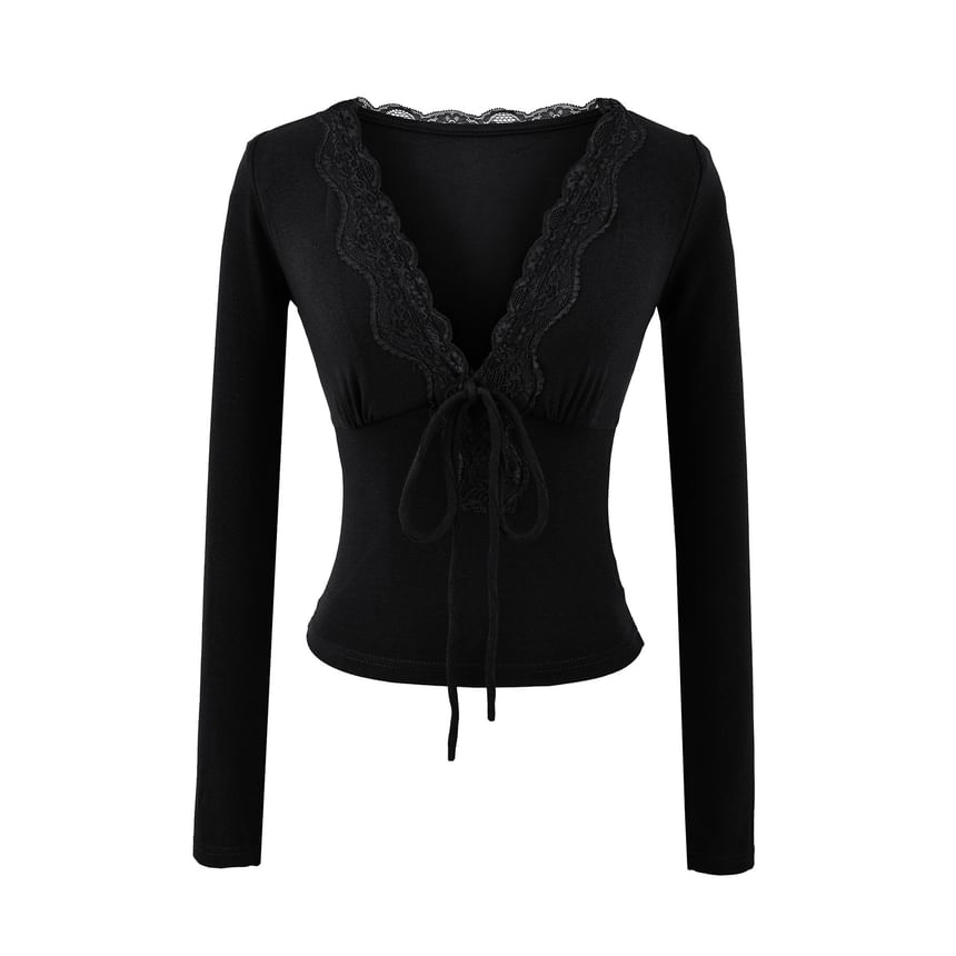 Slim-Fit Cropped Tee with Lace Trim, Tie Front and V-Neckline