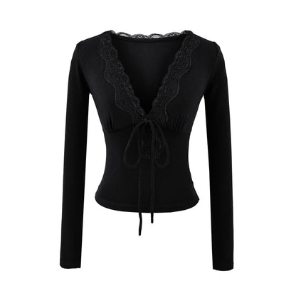 Slim-Fit Cropped Tee with Lace Trim, Tie Front and V-Neckline