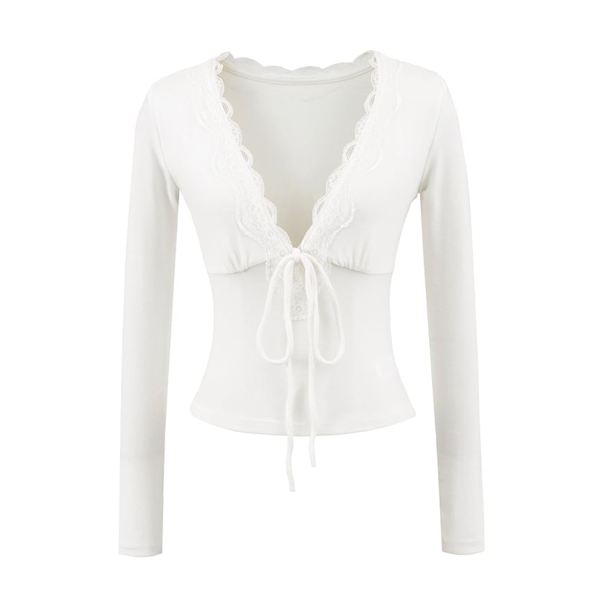 Slim-Fit Cropped Tee with Lace Trim, Tie Front and V-Neckline