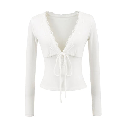 Slim-Fit Cropped Tee with Lace Trim, Tie Front and V-Neckline