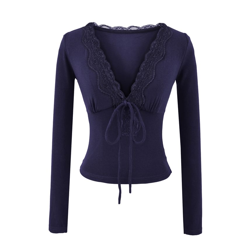 Slim-Fit Cropped Tee with Lace Trim, Tie Front and V-Neckline
