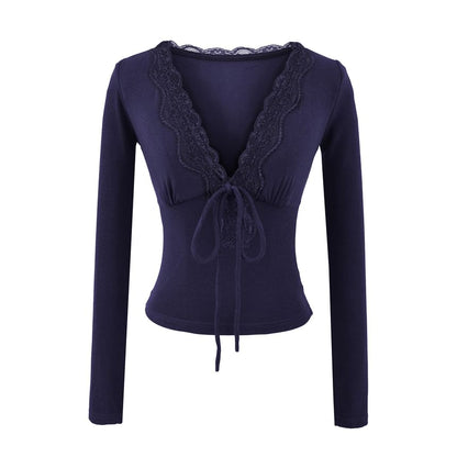 Slim-Fit Cropped Tee with Lace Trim, Tie Front and V-Neckline