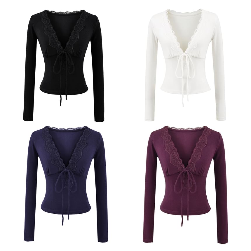 Slim-Fit Cropped Tee with Lace Trim, Tie Front and V-Neckline