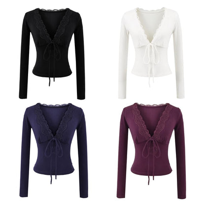 Slim-Fit Cropped Tee with Lace Trim, Tie Front and V-Neckline