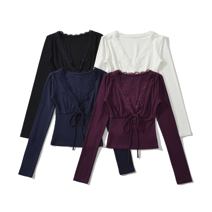 Slim-Fit Cropped Tee with Lace Trim, Tie Front and V-Neckline
