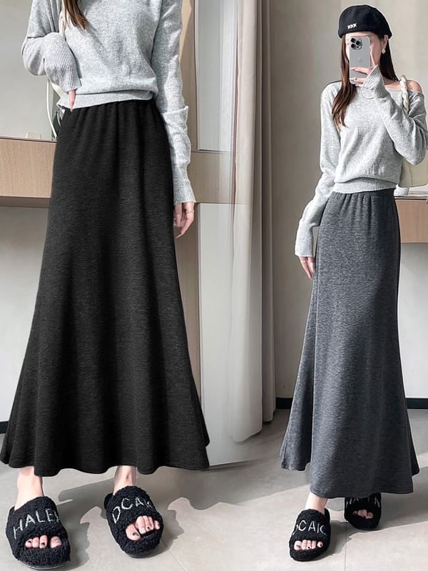 Plain Maxi Fishtail Skirt with High Waist