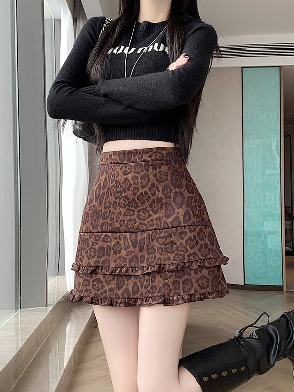 Leopard Print Faux Suede Mini A-Line Skirt with Frill Trim