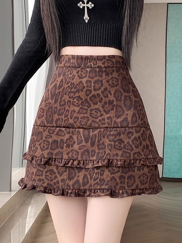 Leopard Print Faux Suede Mini A-Line Skirt with Frill Trim