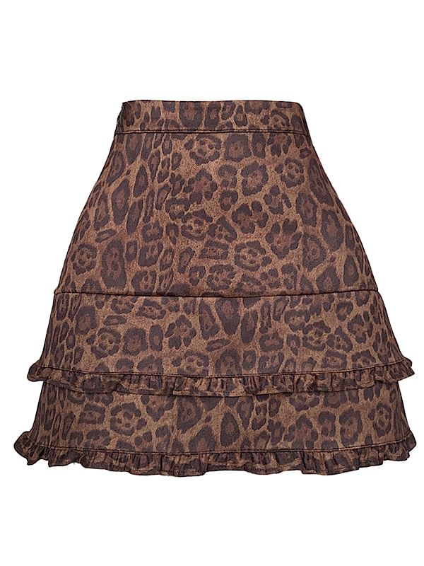 Leopard Print Faux Suede Mini A-Line Skirt with Frill Trim