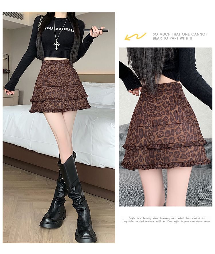 Leopard Print Faux Suede Mini A-Line Skirt with Frill Trim
