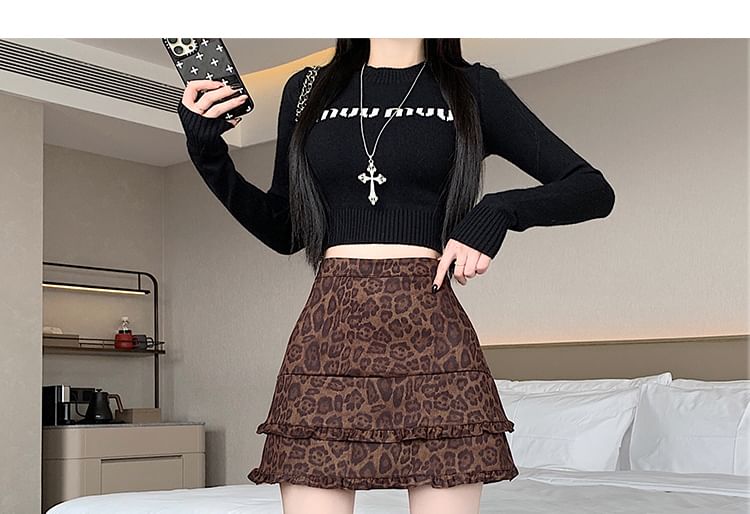 Leopard Print Faux Suede Mini A-Line Skirt with Frill Trim