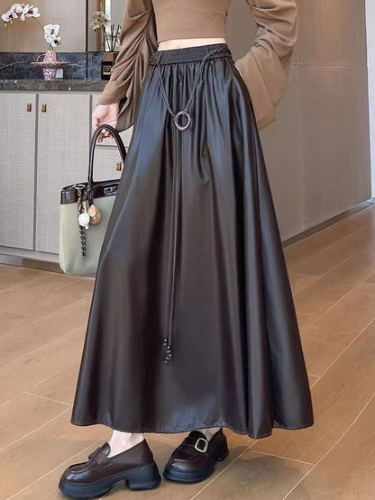 Faux Leather Midi A-Line Skirt with High Waist