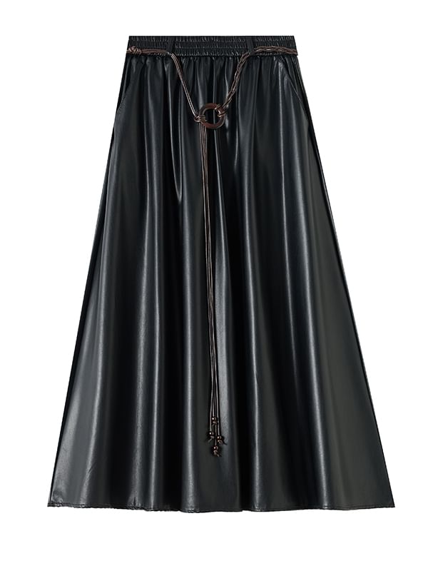 Faux Leather Midi A-Line Skirt with High Waist