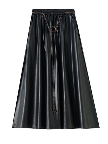Faux Leather Midi A-Line Skirt with High Waist