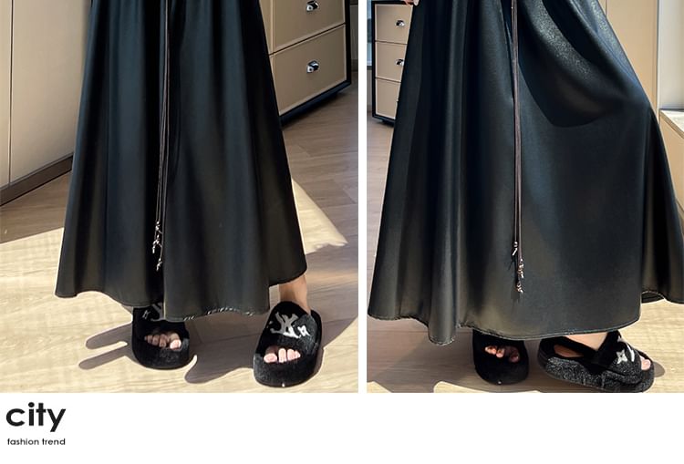 Faux Leather Midi A-Line Skirt with High Waist
