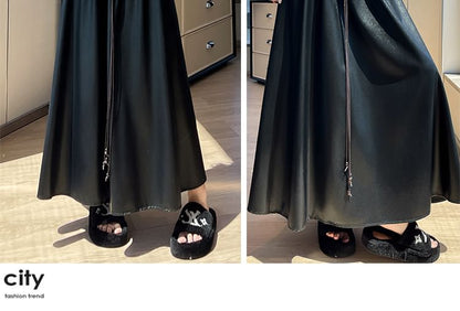 Faux Leather Midi A-Line Skirt with High Waist