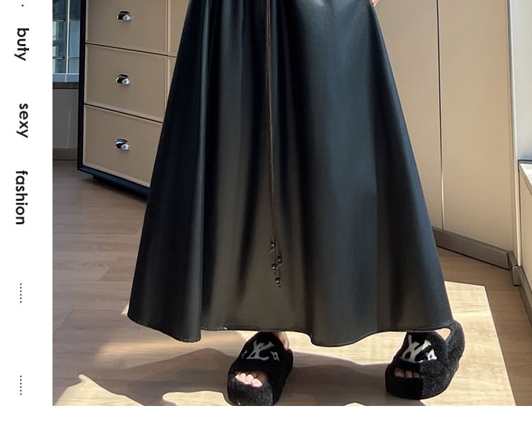 Faux Leather Midi A-Line Skirt with High Waist