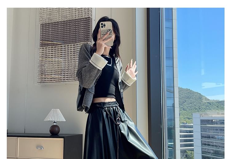 Faux Leather Midi A-Line Skirt with High Waist