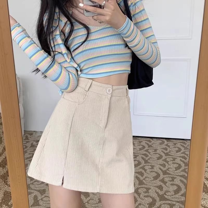 Corduroy Mini A-Line Skirt with Slit
