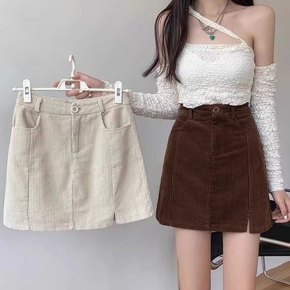 Corduroy Mini A-Line Skirt with Slit