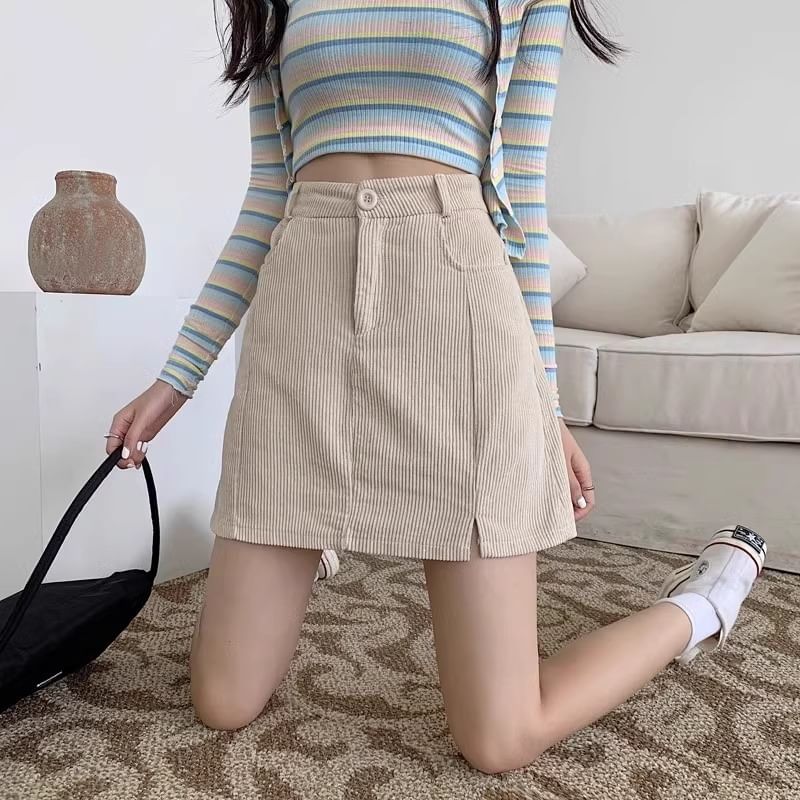 Corduroy Mini A-Line Skirt with Slit