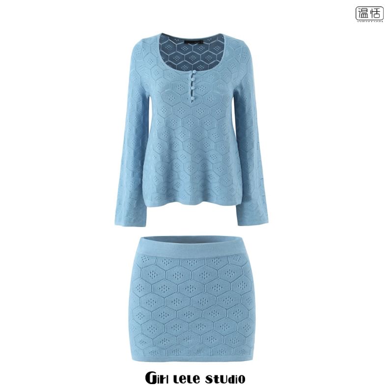 Scoop Neck Henley Knit Top & High Waist Mini Skirt