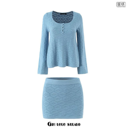 Scoop Neck Henley Knit Top & High Waist Mini Skirt