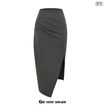 Ruched Asymmetrical Slit Midi Pencil Skirt
