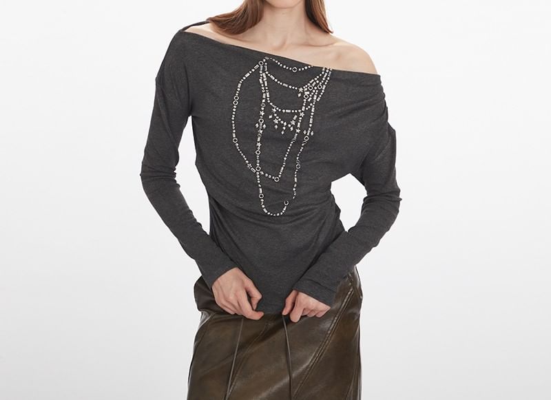 Studded Off-the-Shoulder Tee with Long Sleeves
