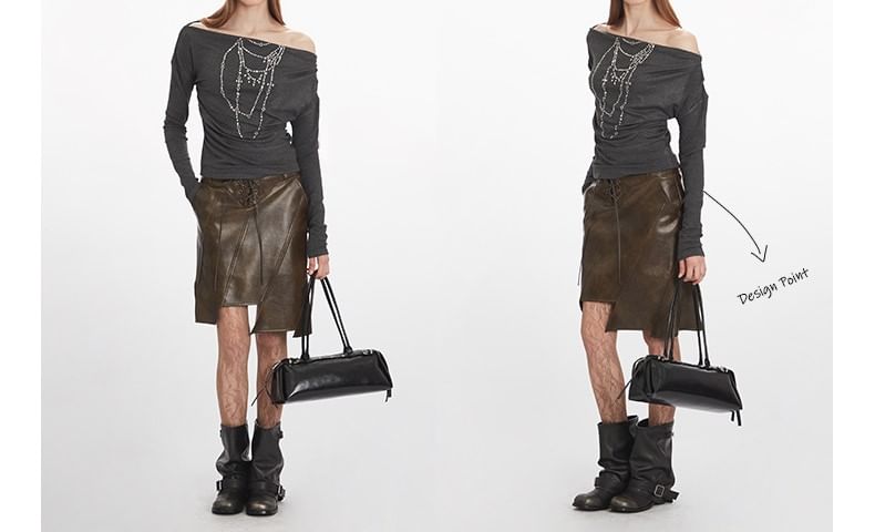Studded Off-the-Shoulder Tee with Long Sleeves