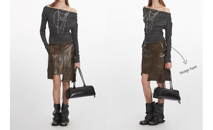 Studded Off-the-Shoulder Tee with Long Sleeves