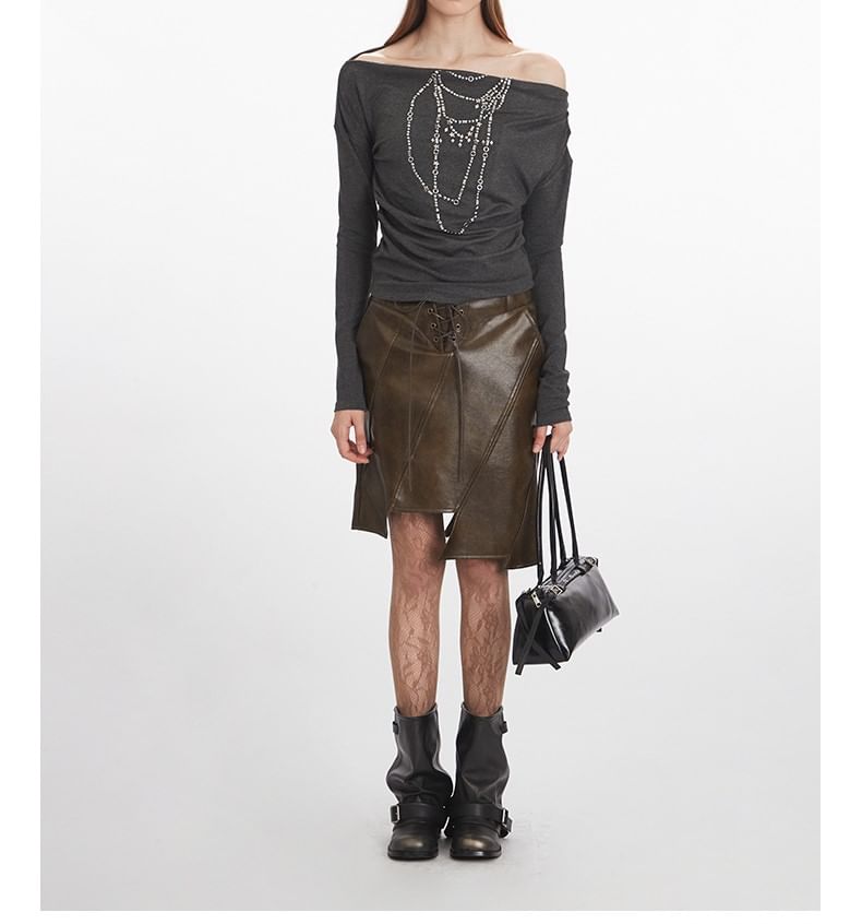 Studded Off-the-Shoulder Tee with Long Sleeves