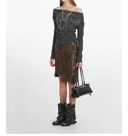 Studded Off-the-Shoulder Tee with Long Sleeves