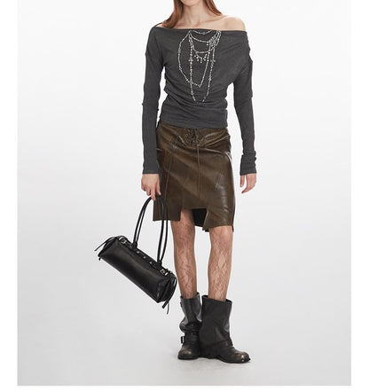 Studded Off-the-Shoulder Tee with Long Sleeves