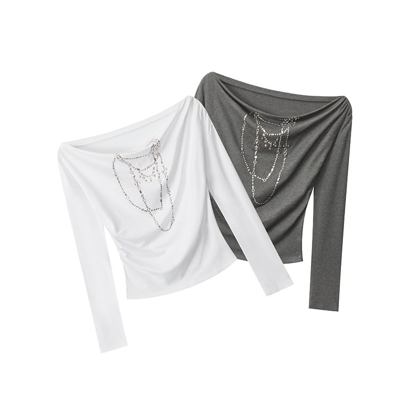 Studded Off-the-Shoulder Tee with Long Sleeves