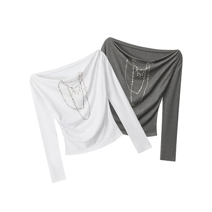 Studded Off-the-Shoulder Tee with Long Sleeves