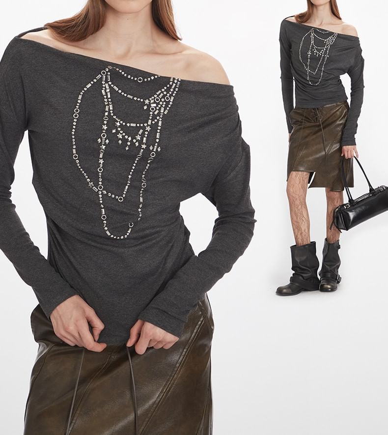 Studded Off-the-Shoulder Tee with Long Sleeves