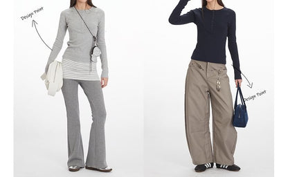 Round-Neck Henley Tee with Long Sleeves