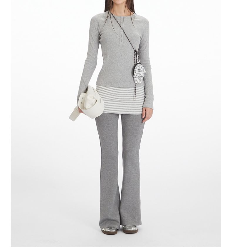 Round-Neck Henley Tee with Long Sleeves